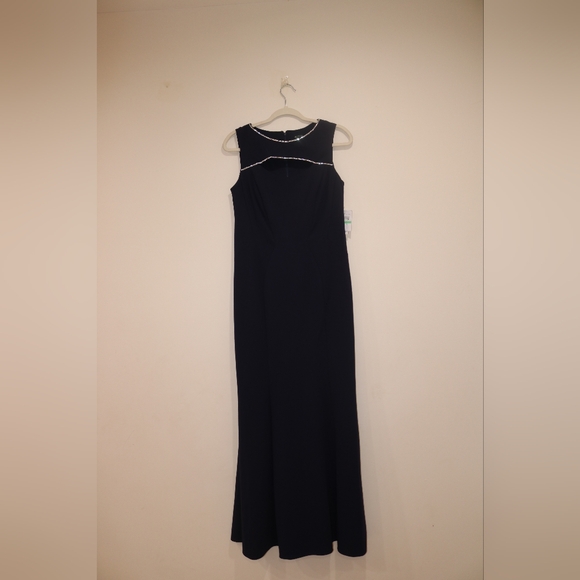 Cut Out Embellished Zippered Lined Sleeveless Round Neck Full-Length (Navy) - Picture 2 of 13